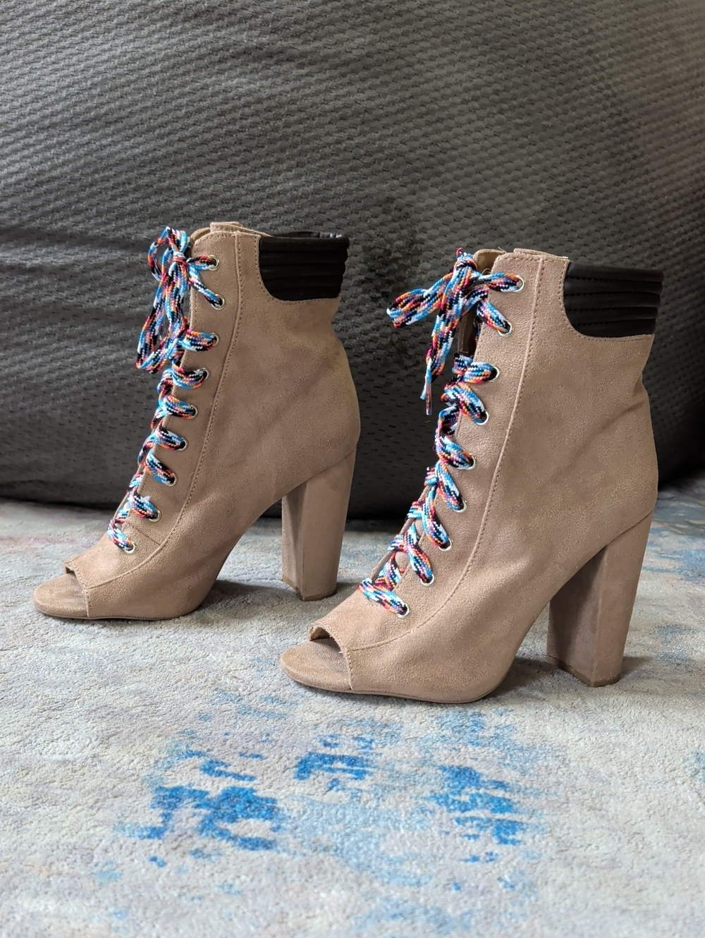 Qupid Suede Lace-Up Peep Toe Ankle Boots in Taupe Women's 7 US/ 5 UK